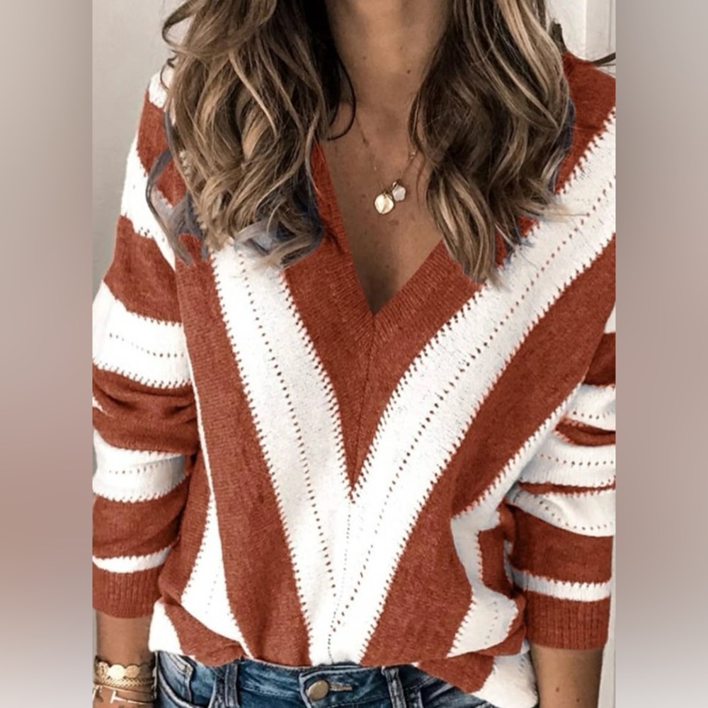 PRETTYGARDEN Chevron Striped V-Neck Sweater - Rust and White